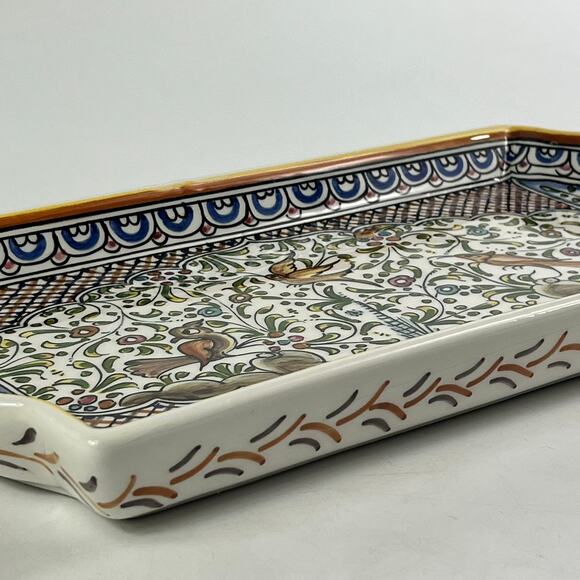 Ceramicas De Coimbra Portugal Hand Painted Rectangular Serving Tray Birds Floral - Picture 6 of 9